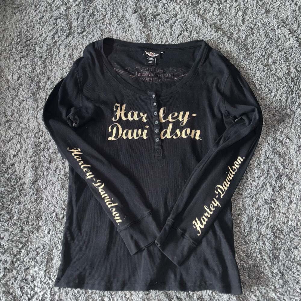 Harley-Davidson Women's Black Waffle Knit Thermal Henley Long Sleeve Shirt